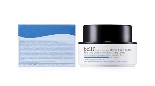 belif Moisturizing Bomb – Daily Ceramide Moisturizer with Peptide & Squalane, 48hr Hydration & Anti-Aging Cream, Milky & Lightweight, Restores Skin Barrier, Korean Skincare, 0.84 fl oz (25ml)