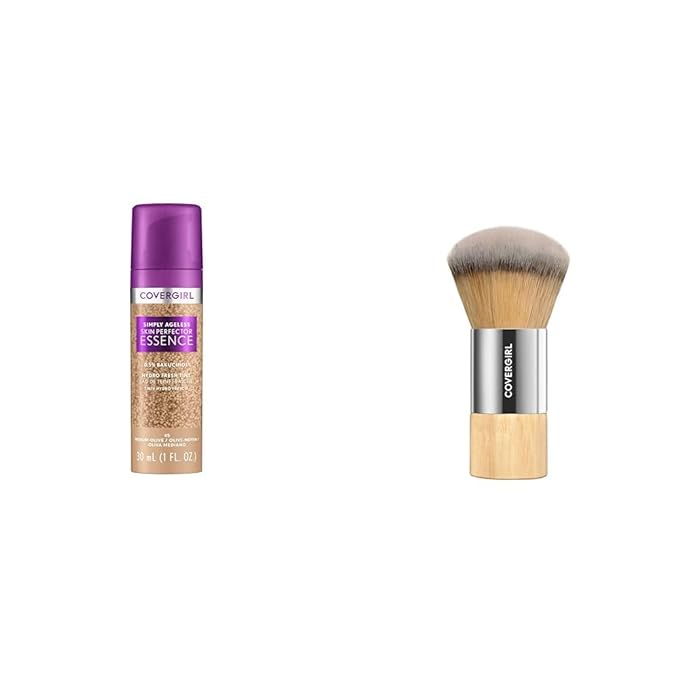CoverGirl Simply Ageless 45 Medium-Olive Liquid Foundation Bundle with Blending Brush, Skincare Makeup with Bakuchiol & Acid