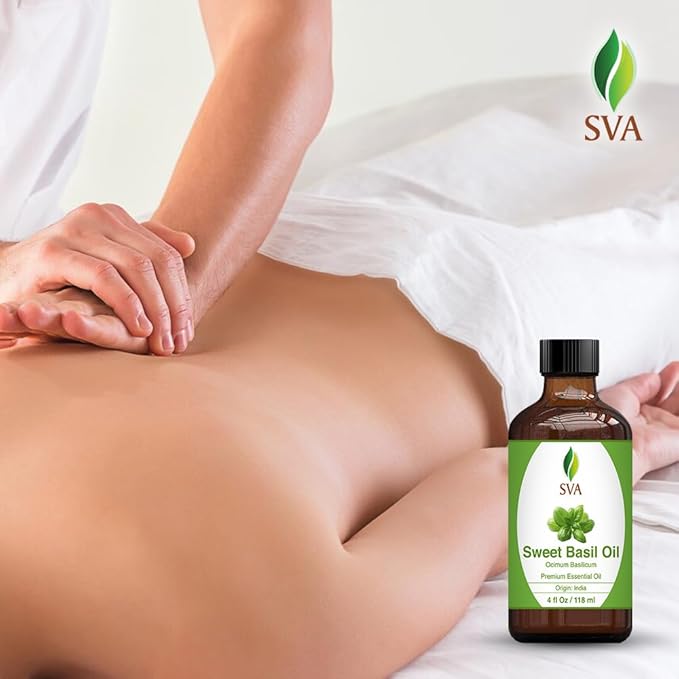 SVA Sweet Basil Essential Oil – 4 Fl Oz – 100% Natural Basil Oil - for Diffuser, Hair Care, Face, Skin Care, Aromatherapy, Scalp and Body Massage, Soap and Candle Making – with Dropper