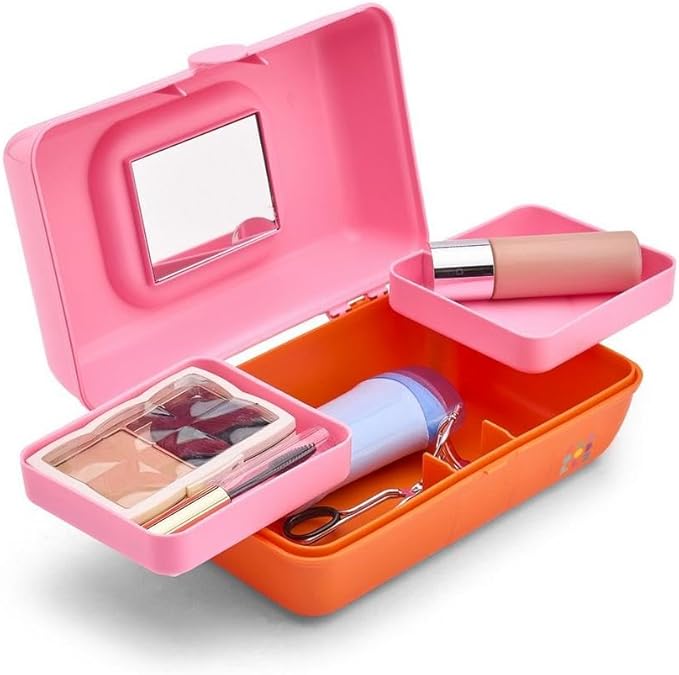 Caboodles Pretty in Petite Makeup Box, Hard Plastic Organizer Box, 2 Swivel Trays, Fashion Mirror, Secure Latch for Safe Travel