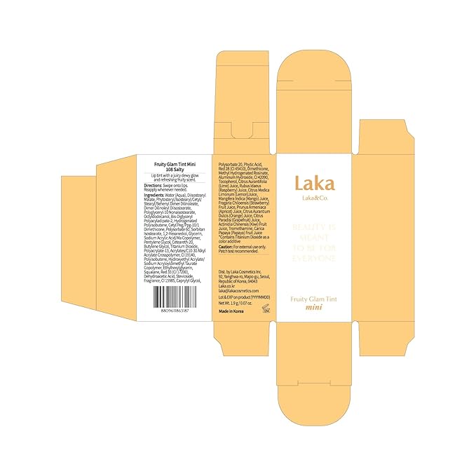 Laka Fruity Glam Lip Tint Mini, Glowing Lip Stain with Wide Color Spectrum, Hydrating & Lightweight Texture, Long-Lasting Bold Stain, Non-Sticky, Vegan, K-Beauty (#108 Salty)