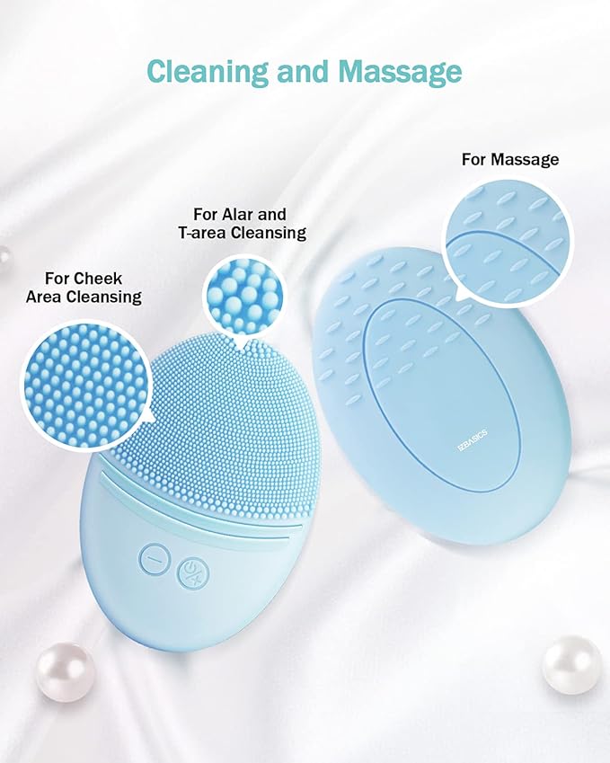 EZBASICS Facial Cleansing Brush, Waterproof Sonic Vibrating Face Brush for Deep Cleansing, Gentle Exfoliating and Massaging, Inductive charging (Blue)