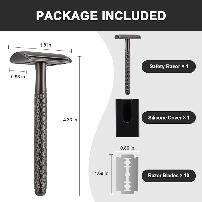 Single Blade Safety Razor for Men with Silicone Cover & 10 Blades Double Edge Safety Razor for Travel Metal Eco-Friendly Reusable Razor for Shaving (Matte Black)