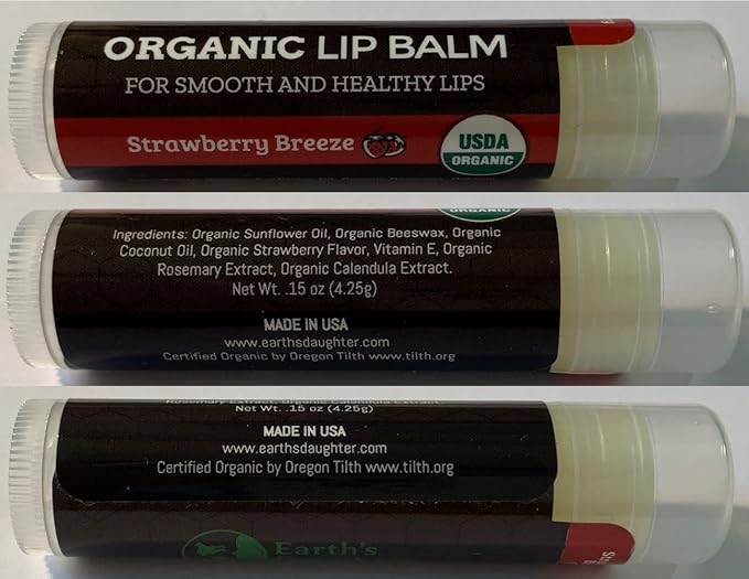 USDA Organic Lip Balm 4-Pack by Earth's Daughter - Strawberry Flavor, Beeswax, Coconut Oil, Vitamin E - Best Lip Repair Chapstick for Dry Cracked Lips.