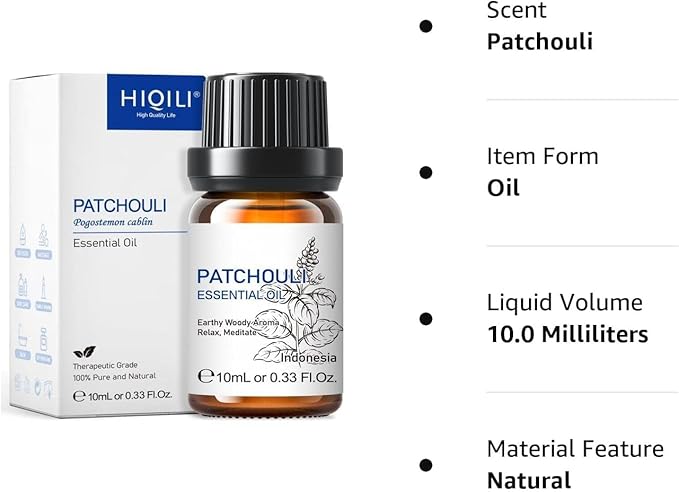 HIQILI 0.33Fl Oz Patchouli Essential Oil,100% Pure for Diffuser,Perfume DIY, Candle Soap Making-10ml