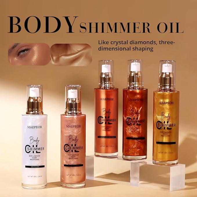 MAEPEOR Shimmer Body Luminizer 5 Colors Moisturizing Glow Illuminator Smooth and Non-sticky Summer Body Highlighter For Face & Body (80ML, 04 Golden Brown)
