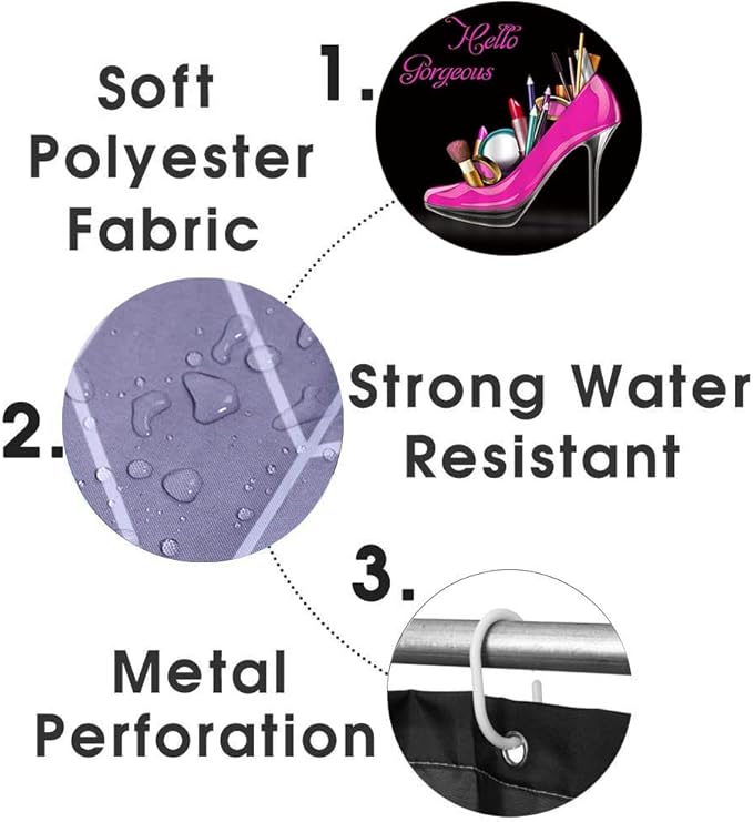 4PCS Hello Gorgeous Shower Curtain Set, Hot Pink High Heels Lipstick Makeup Fashion Girls Women Bathroom Decor, Waterproof Fabric Black Shower Curtain, Non-Slip Bath Mat Toilet Rug, Hot Pink