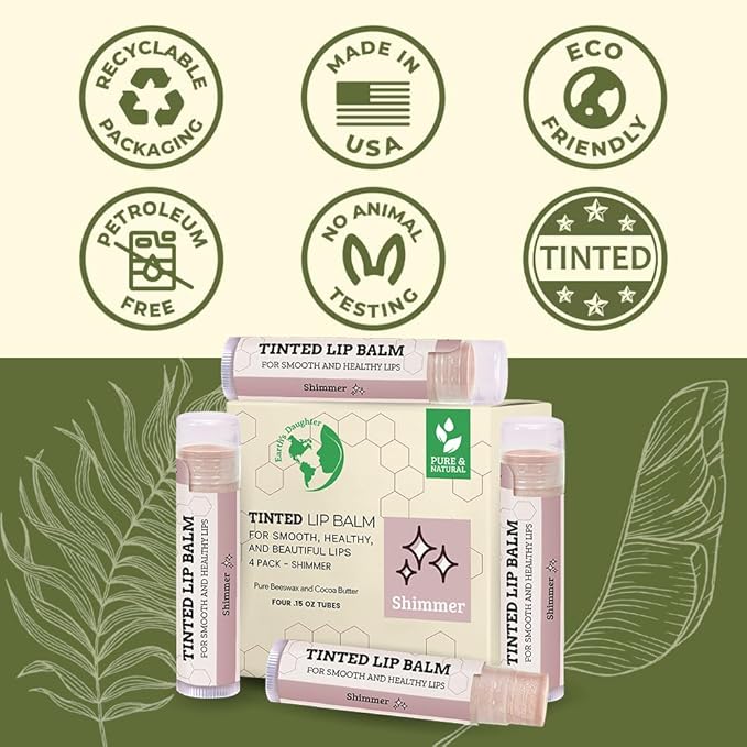 Tinted Lip Balm by Earth’s Daughter – 4 Pack of Shimmer Tint – Beeswax, Coconut Oil, Cocoa Butter, Vitamin E – Moisturize and Beautify – Paraben Free