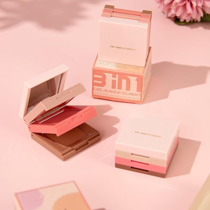 3 in 1 Highlighter Contour Blush Makeup Palette, 3 Colors Matte Shimmer Brighten Highlighting Bronzing Blusher Eyeshadow Pallet, Long Lasting Full Face Eyes Contouring Shaping Makeup kit with Mirror