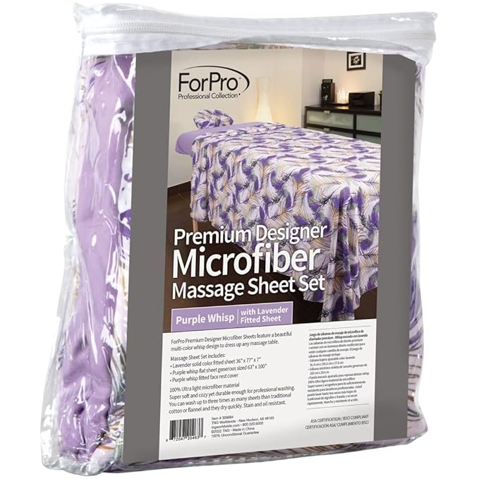 ForPro Professional Collection Designer Microfiber 3-Piece Massage Sheet Set, Purple Whisp with Lavender, Ultra-Light, Stain, and Wrinkle-Resistant Includes Flat and Fitted Sheet and Face Rest Cover