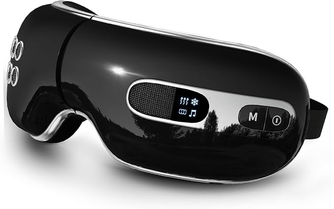 Fmalve Eye Massager with Heat and Cooling for Migraines, Dry Eyes, Heated Eye Mask Massager Improve Sleeping - Gifts for Women and Men (Black)