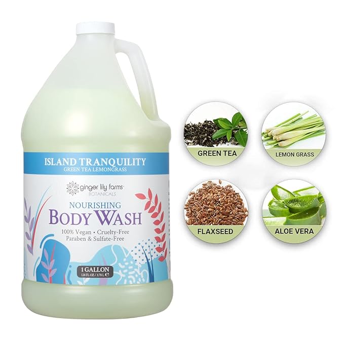 Ginger Lily Farms Botanicals Nourishing Body Wash, Island Tranquility, 100% Vegan & Cruelty-Free, Green Tea Lemongrass Scent, 1 Gallon Refill (Pack of 4)