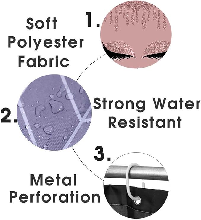 4PCS Rose Gold Glitter Hello Gorgeous Shower Curtain Set, Bling Unicorn Eyelash Makeup Glam Fashion Girly Teenage Girls Women Pink Bathroom Decor, Fabric Shower Curtain, Bath Mat Toilet Rug