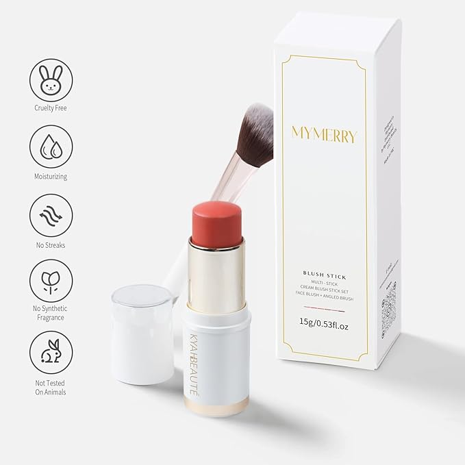 Blush Stick, Cream Blush for Cheeks and Lip Tint, Dewy Finish, Buildable & Blendable Color, Lightweight & Long-Lasting Formula | Salad Day-Coral & Angled Blush Brush(0.53fl.oz)