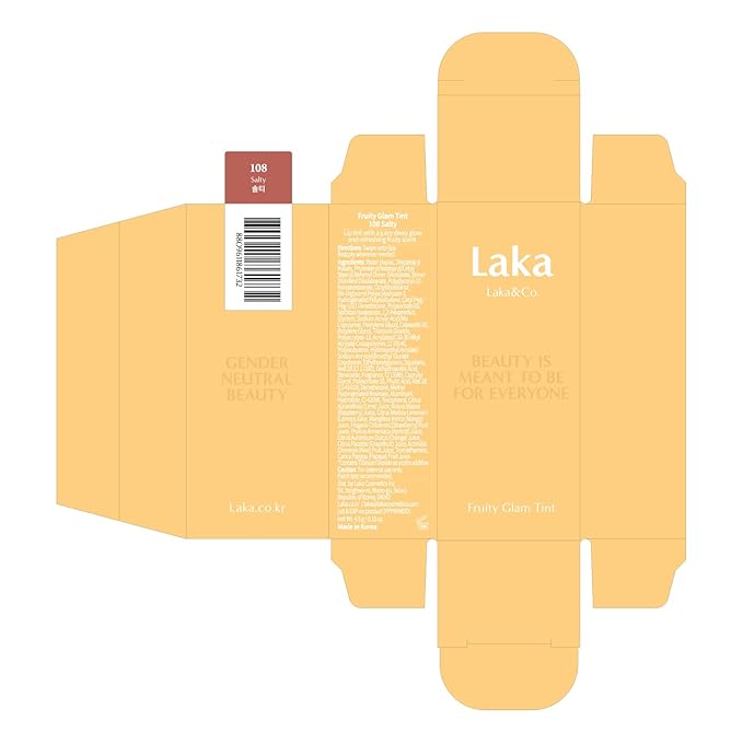 Laka Fruity Glam Tint, 4.5g/0.15 oz., Glowing Lip Stain with Wide Color Spectrum, Hydrating & Lightweight Texture, Long-Lasting Bold Stain, Non-Sticky, Vegan, K-Beauty (#108 Salty)