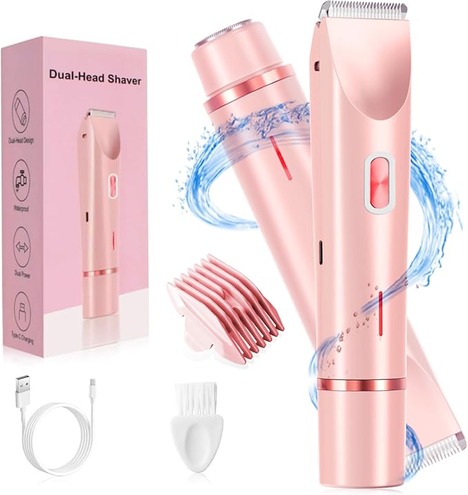 Electric Bikini Trimmer for Women, 2-in-1 Hair Shaver and Epilator, Waterproof Wet/Dry Lady Shaver(Pink)