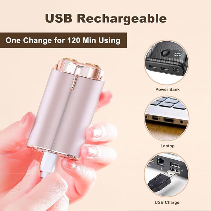 Facial Hair Removal for Women, Portable Painless Electric Shaver Device with Built-in LED, Wet/Dry Electric Razor Hair Remover Epilators for Face, Chin, Upper Lip and Arms (Rose Gold-2025)