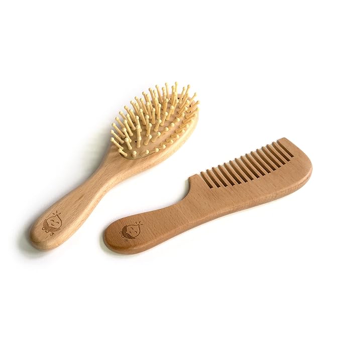 green sprouts Learning Brush + Comb Set |Super Soft Learning Brush Grooms Thick or Curly Hair| Natural Wood and Bamboo Bristles Without BPA, BPS, BPF