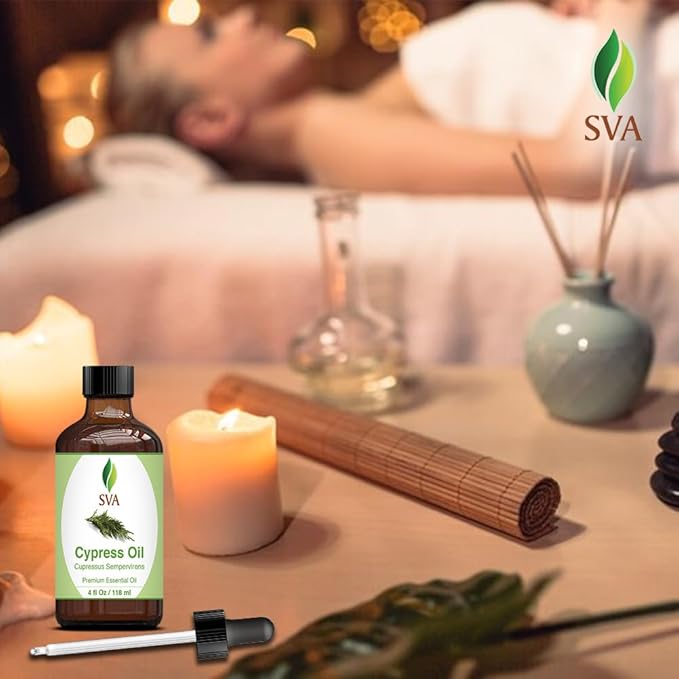 SVA Cypress Essential Oil – 4 Fl Oz – 100% Natural Cypress Oil - for Diffuser, Hair Care, Face, Skin Care, Aromatherapy, Scalp and Body Massage, Soap and Candle Making – with Dropper