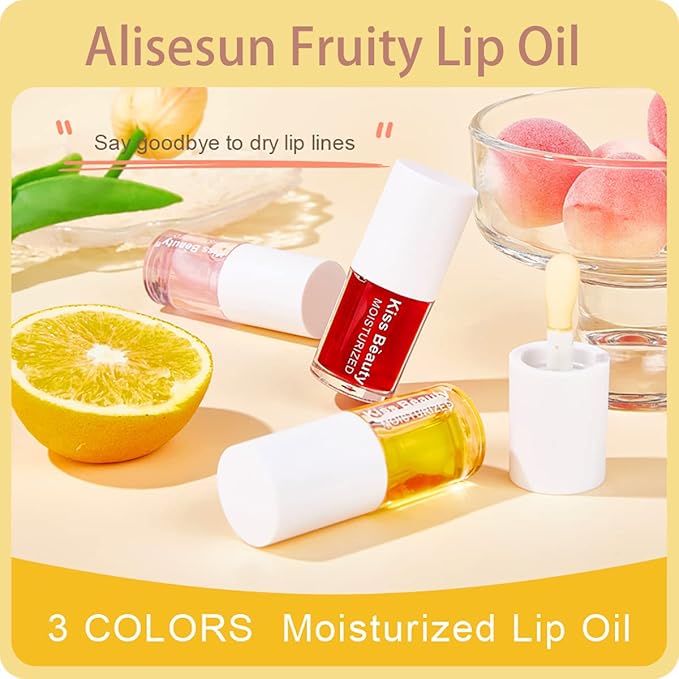 3 Pcs Fruity Plumping Lip Oil Moisturizing Hydrating Lip Care Hydrating Lip Gloss Tinted Lip Balm, Long Lasting & Nourishing Lip Glow Oil, Non-sticky Fresh Texture