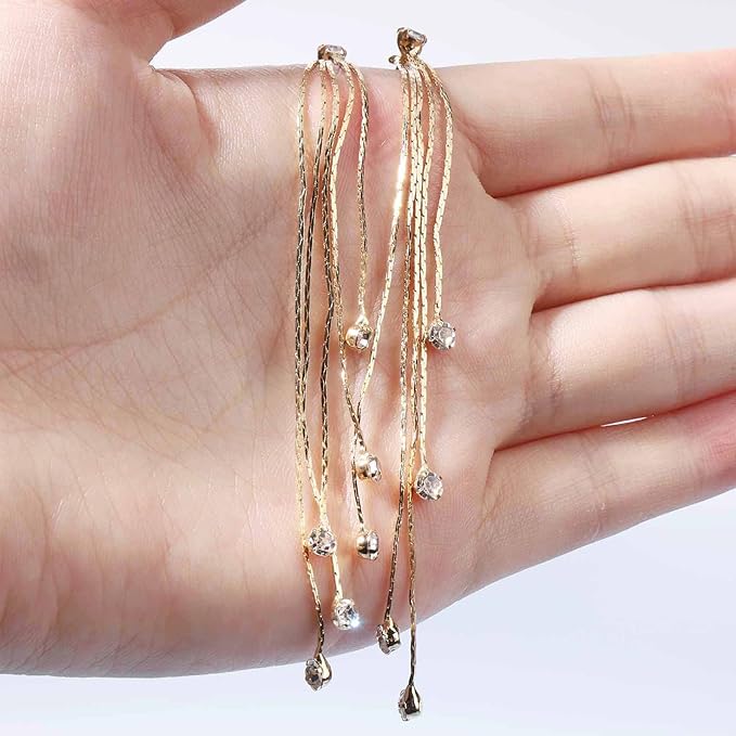 Boho Cz Tassel Chain Earrings Gold Drop Crystal Earrings Long Chain Dangle Earrings Rhinestone Linear Chain Earrings Sparkle Crystal Wedding Earrings Jewelry for Women and Girls