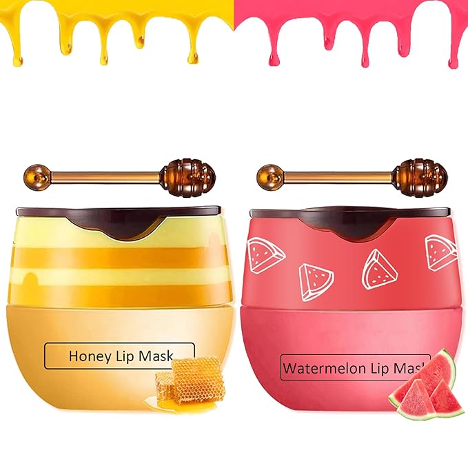 2 PCS Bee Lip Balm Honey Pot,Honey&Watermelon Lip Sleeping Mask,Hydrating Prevention Dry and Cracked Lip Scrubs Exfoliator Lip Care,Moisturizing Lip Mask Overnight