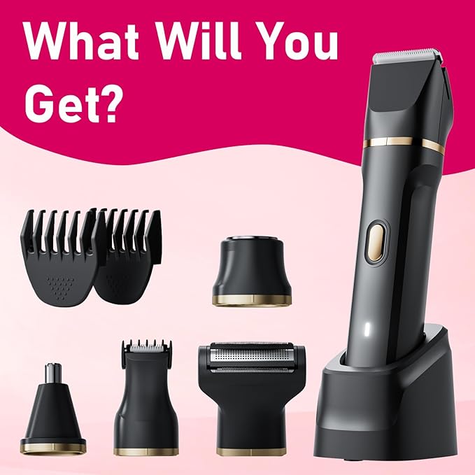 Electric Razors for Women, 5-in-1 Wet/Dry Bikini Trimmer with USB Charge Dock, Deluxe Facial Hair Removal, Wet/Dry Body Shaver for Nose Eyebrows Beard Underarm Leg Arm, IPX7 Waterproof (Black)