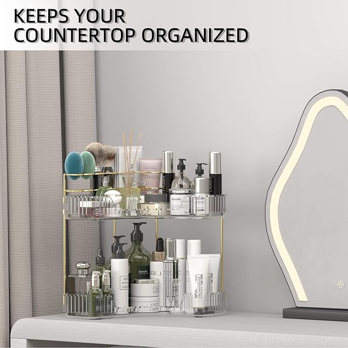 Makeup Organizer Countertop 2 Tier, Corner Bathroom Countertop Organizer with Toothbrush and Makeup Brush Holder, Corner Vanity Tray for Skincare Organization