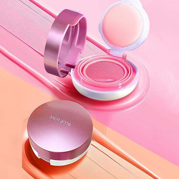 BLUE LOVE Cushion Liquid Blush - Silky Cheek Tint with Mirror, Natural Enhancer for a Radiant Finish, Contours & Highlights for Effortless Elegant (03 Pink Peony)