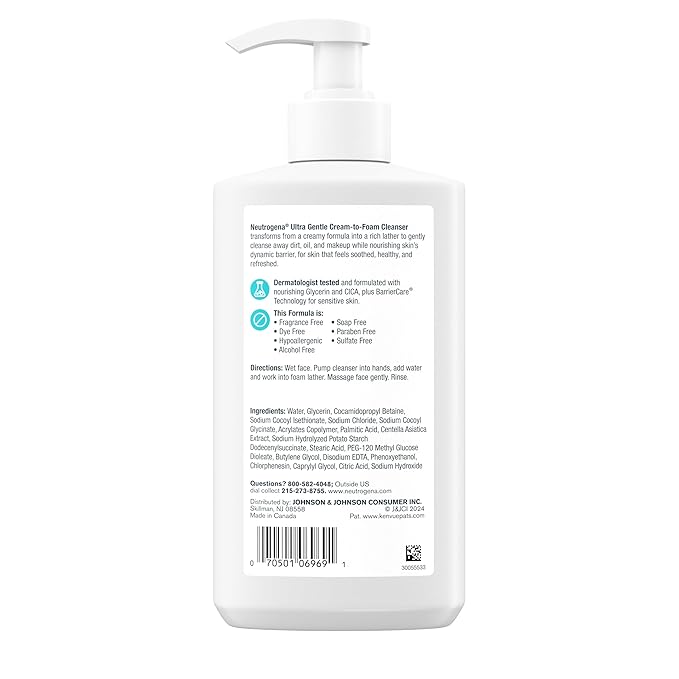 Neutrogena Ultra Gentle Cream-to-Foam Facial Cleanser, Transforms from a Creamy Cleanser to a Foaming Face Wash for Sensitive Skin, Fragrance-Free, Hypoallergenic, Non-Comedogenic, 12 oz