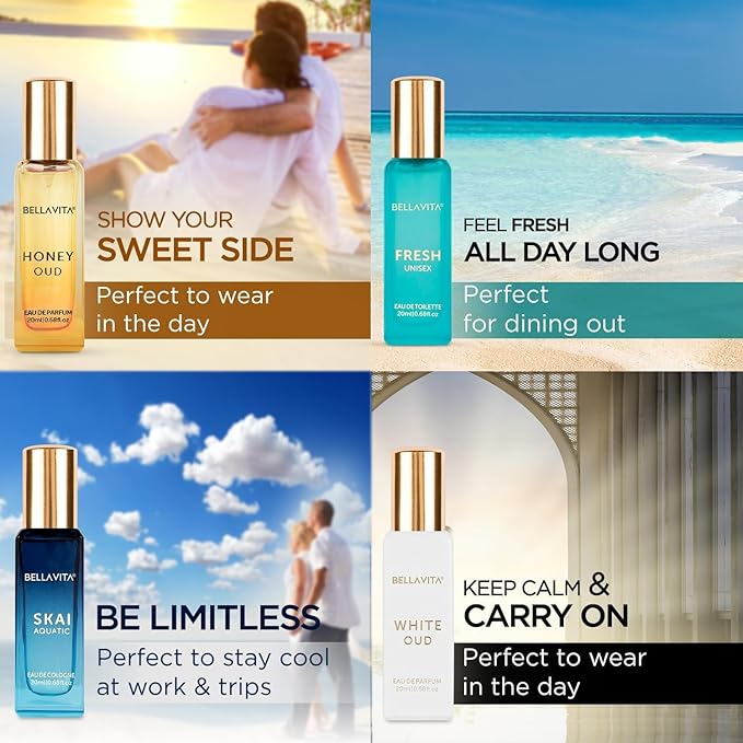 BellaVita Luxury Unisex Cologne Gift Set (4x20ml) | Fragrances Includes Honey OUD, SKAI, FRESH & White OUD | Travel Size Mini Perfumes & Spicy Vanilla Perfume Oil | Unisex Perfume for Women & Men