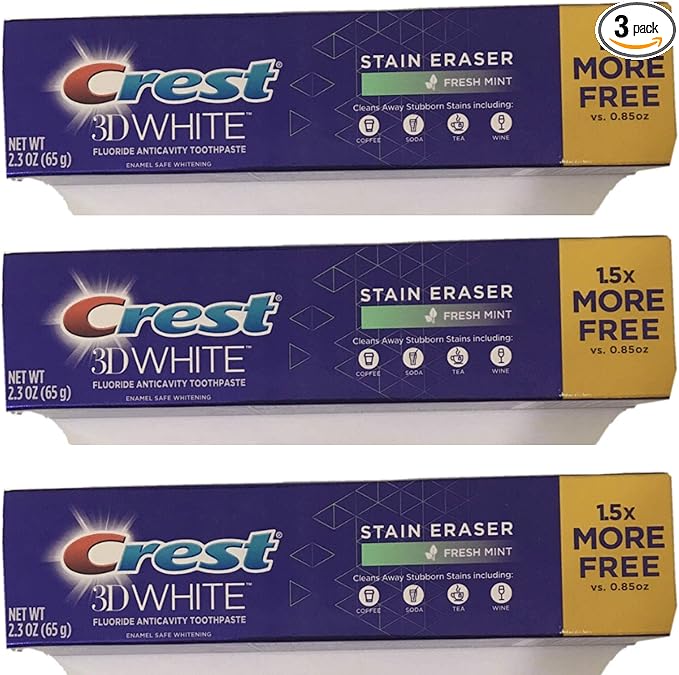 Crest 3D White Stain Eraser Fresh Mint Whitening Toothpaste 2.3 Oz(pack of 3)