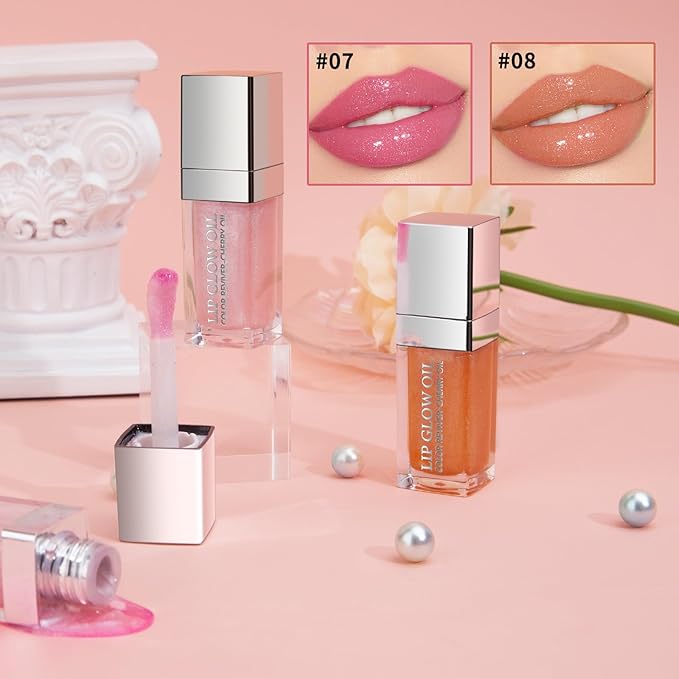 2PCS Hydrating Lip Glow Oil, Plumping Lip Gloss, Clear to Pink Lip Oil Gloss, Transparent Moisturizing Lip Balm, Natural Lip Plumper, Lip Plumper Gloss Make Lips Fuller and Moisturizing