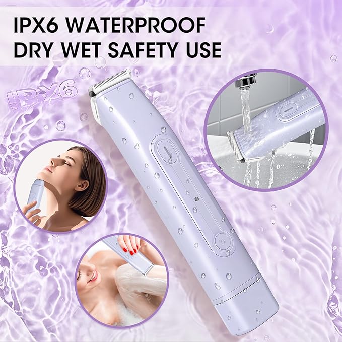 Lanumi 2 in 1 Electric Shaver Dual Head Bikini Trimmer Women IPX6 Wet Dry Pubic Hair Trimmer Rechargeable Body Facial Hair Remover for Face Lip Chin Underarm Legs (Purple)