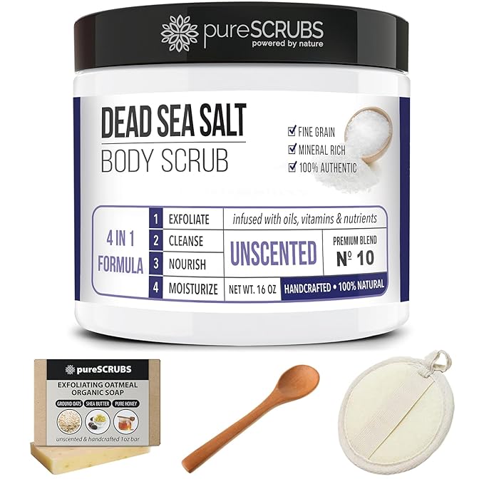 pureSCRUBS Premium Unscented Body Scrub Set - Large 16oz Dead Sea Salt Body Scrub With Infused Essential Oils & Nutrients, Includes Wooden Spoon, Loofah & Oatmeal Exfoliating Bar Soap