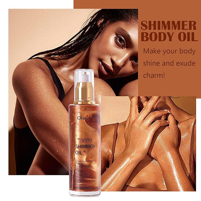 Shimmer Body Oil, Highlighter Makeup Smooth Glitter Glow Liquid Foundation for Face & Body,Liquid Illuminator Body Shimmer Lotion for Women (3# Bronze Gold)