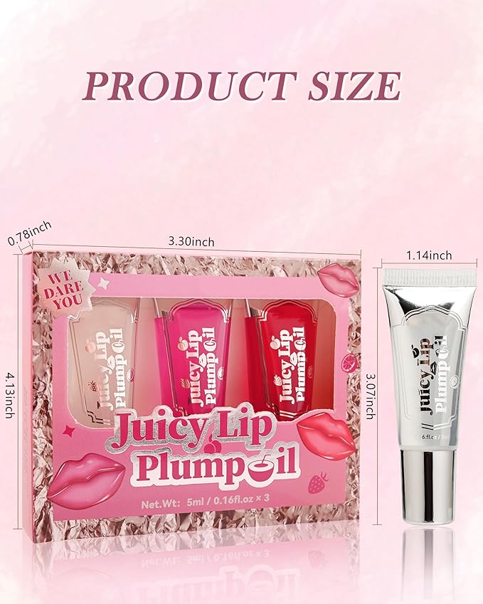 Plumping Lip Oil Kit-3Pcs Hydrating Glossier Tinted Lip Gloss,Long Lasting Lip Plumper and Pout Booster LIpgloss, Moisturizing Non-Sticky Natural Fuller Lip Tint Stain, Makeup Gift for Women-Set B