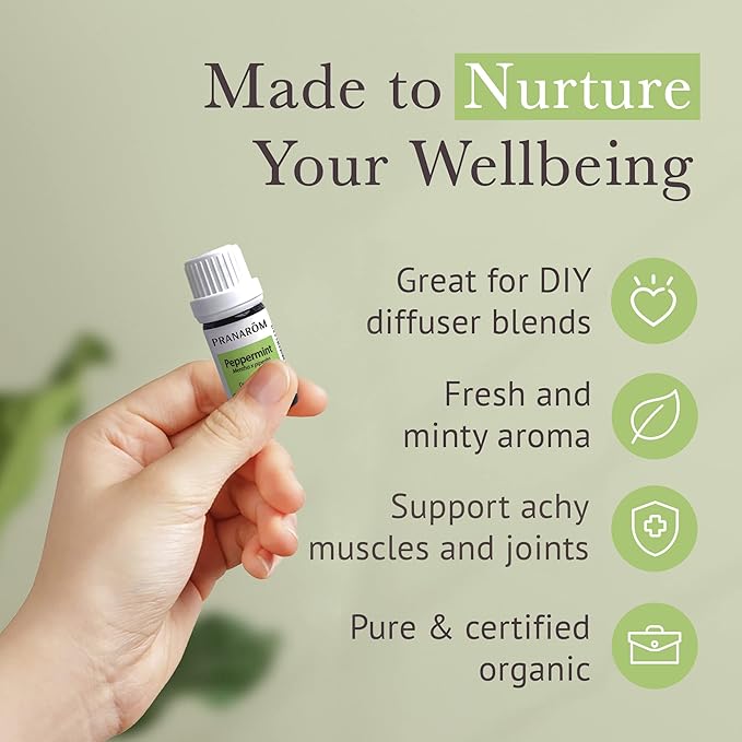 Pranarom USDA Certified Organic Peppermint Essential Oil (5ml), 100% Pure Undiluted Therapeutic Grade from India for Aromatherapy, Diffuser, Topical, Cooling, Massage & Relaxation