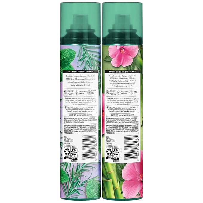 Suave+ Dry Shampoo Spray Variety 2-Pack – Invigorating Rosemary & Mint + Volumizing Bamboo & Hibiscus, 4.3 Oz Ea