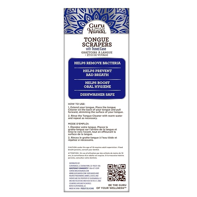 GuruNanda Tongue Scraper for Adults (4-Pack) with Travel Case, 420 Medical Grade Stainless Steel, Aids in Fresh Breath & Oral Care - Travel-Friendly