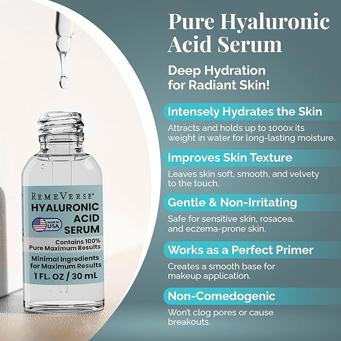 RemeVerse Hyaluronic Acid Serum - 100% Pure Formulation for Face, Lips & Décolleté - Intense Moisture for Dry Skin & Fine Lines - Wrinkle-Reducing Formula for a Youthful & Plump Appearance, 1 oz