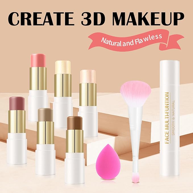 6 Colors Cream Contour Stick Set,Double-ended Cream Bronzer Stick,Highlighter Stick,Blush Stick,Professional Highlighter Makeup Contour Kit,Easy to Sculp Contorno Maquillaje(Set A)