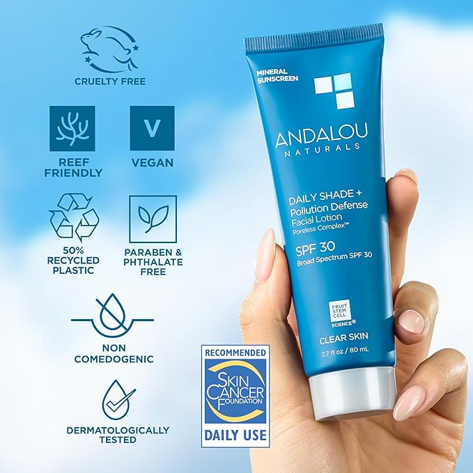 Andalou Naturals Daily Shade Face Sunscreen, SPF 30 Zinc Oxide Mineral Sunscreen, Sun + Pollution Defense Face Lotion, Helps Minimize Look of Pores, Matte Finish & Lightweight - 2.7 Fl. Oz.