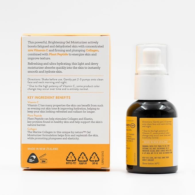 By Nature Gel Face Moisturizer - 10% Vitamin C + Collagen Peptide Brightening Moisturizer for Face and Neck - Energize and Hydrate Dull Skin + Fade Dark Spots - Dry Skin Face moisturizer Gel