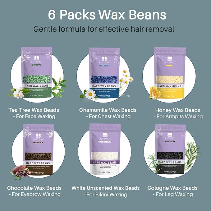 BLITZWAX Back and Nose Waxing Kit for Men, Hard Wax Warmer for Brazilian, Body and Face, At Home Hair Removal Kit, Beginner Friendly, Quick Heating, 93 Accessories, Blue Spruce