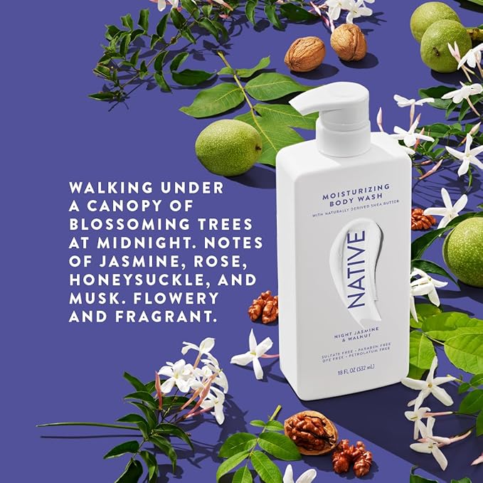 Native Moisturizing Body Wash Contains Naturally Derived Ingredients | For Women & Men, Sulfate, Paraben, & Dye Free Leaving Skin Soft and Hydrated | Night Jasmine & Walnut 18 oz