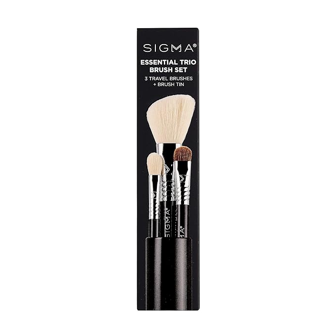 Sigma Beauty Travel Essential Trio - Makeup Brush Set for Foundation Powder Eyeshadow - 3 Tool Brushes with Brush Tin Holder - Skin Safe, Vegan Makeup Brushes for Travel - Black