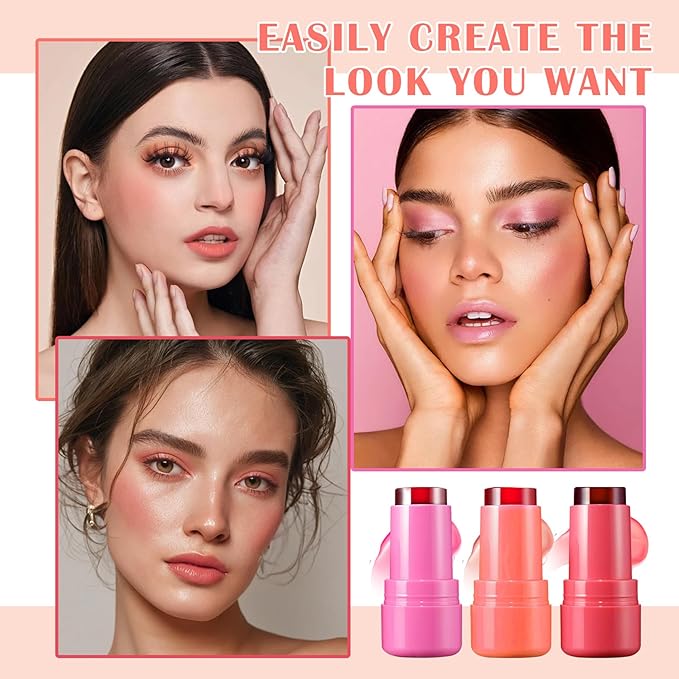 3PCS Milk Cooling Water Jelly Tint Stick Water Tint Milk Jelly Blush Tint Stick Lip and Cheek Stain Multi-Use Jelly Lip Tint Stain Non-sticky Makeup Stick(Pink+Coral+Red)