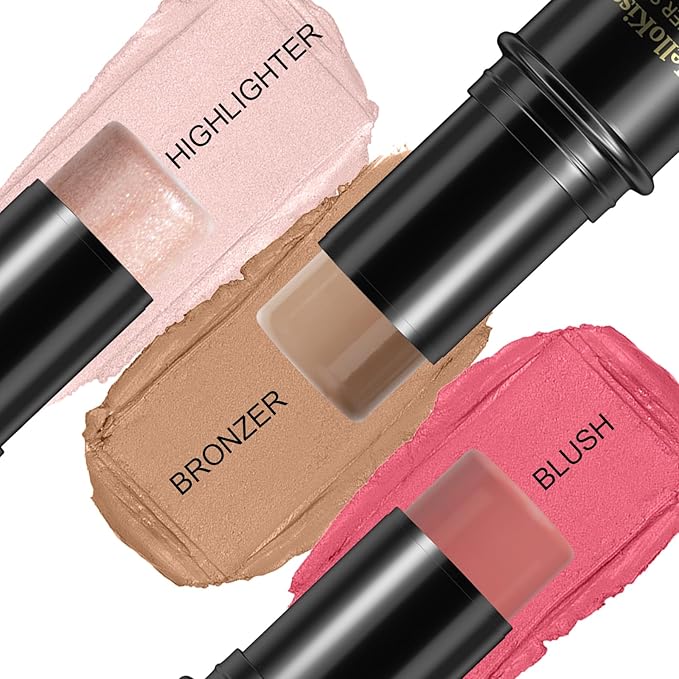 3 Pcs Face Contour Stick Kit, Matte Finish Face Stick Trio with Bronzer Blush Highlighter and Brush, Long Lasting Waterproof Cream Beauty Wand Makeup Set for Sculpt Glowing Face Look (#3, 9, 12)