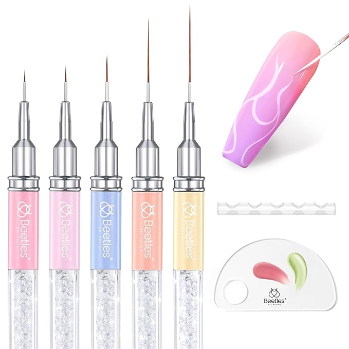 Beetles Gel Polish Nail Art Liner Brushes 5Pcs Painting Art Design Pen Set Diamond Application Rhinestone Handle Drawing Nail Art Brushes Tools Sizes 5/6/11/20/25mm Nail Art Design Gift for Women